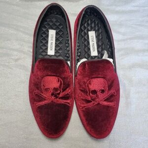 Steve Madden Mens Burgundy Velvet Skull Crossbones Smoking Loafer Slippers Shoes